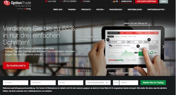 Die Homepage des Brokers OptionTrade