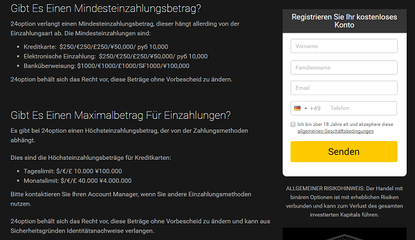 Der Maximalbetrag für Kreditkartenzahlungen bei 24option