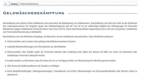 Die Homepage von Banc de Binary