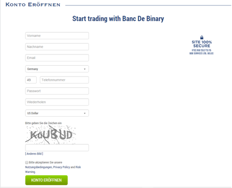 Die Anmeldemaske bei Banc de Binary