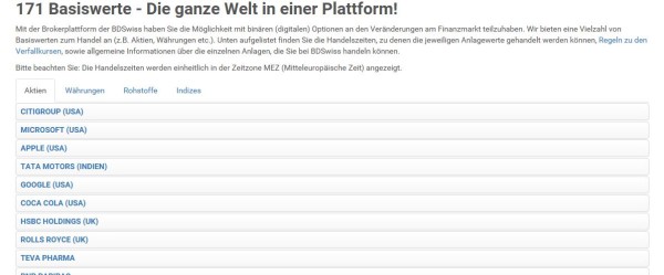 Die Basiswerte des Brokers