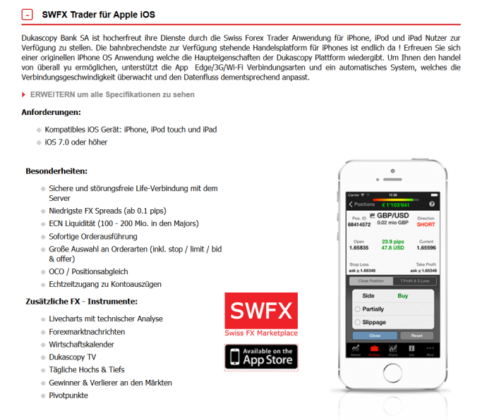 Die SWFX App auf der Webseite von Dukascopy